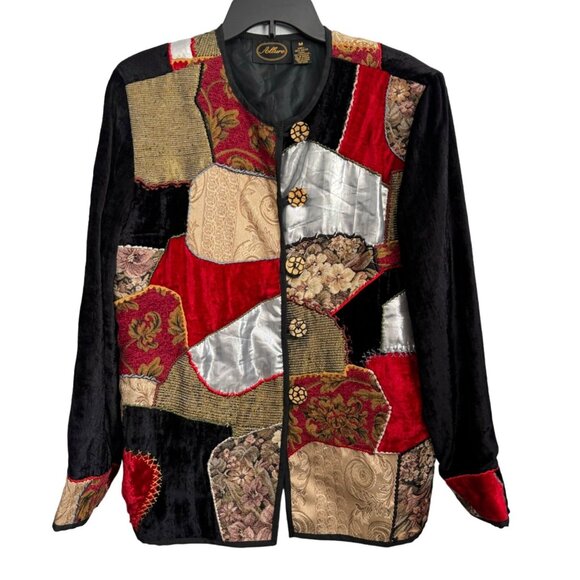 Vintage Allure Patchwork Blazer Jacket Size M Black Multi Long Sleeves Blazer - Picture 2 of 12